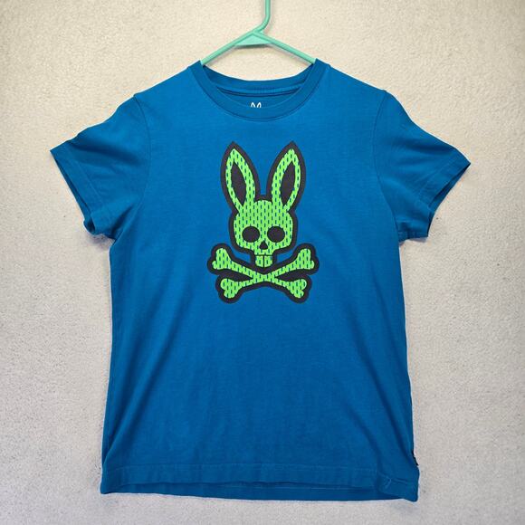 Psycho Bunny Jordan Mesh T-Shirt Mens XS Blue Green Skull Bunny Logo Pima Cotton - Picture 1 of 9